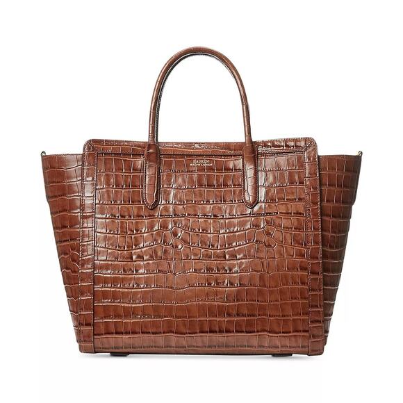 Ralph Lauren Tyler Tote In Croc Embossed Leather - M - Brown - Picture 1 of 6